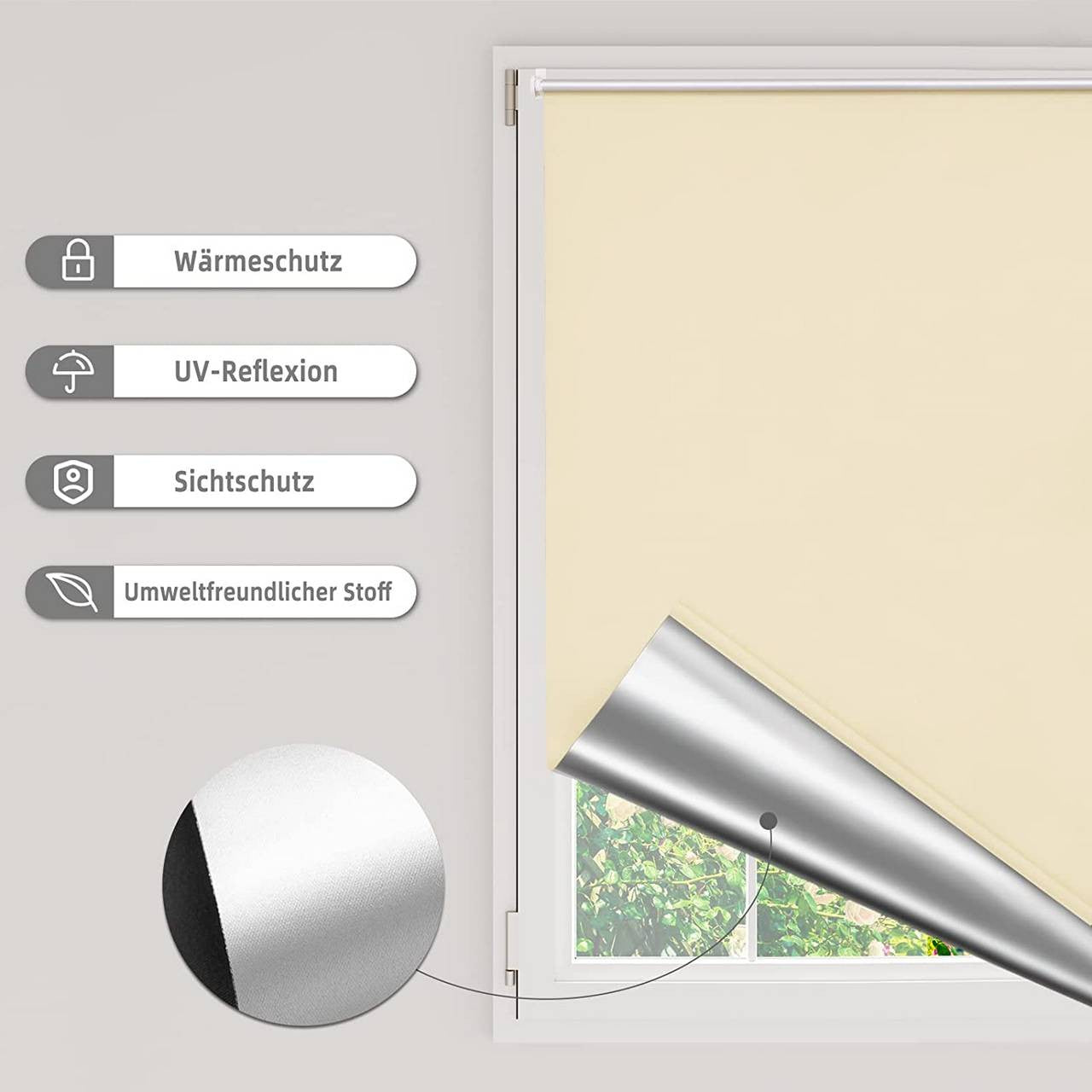 24goodz Thermal Blackout Roller Blind - Easy Installation - 100% Polyester - For Every Room - Beige 90x160 cm