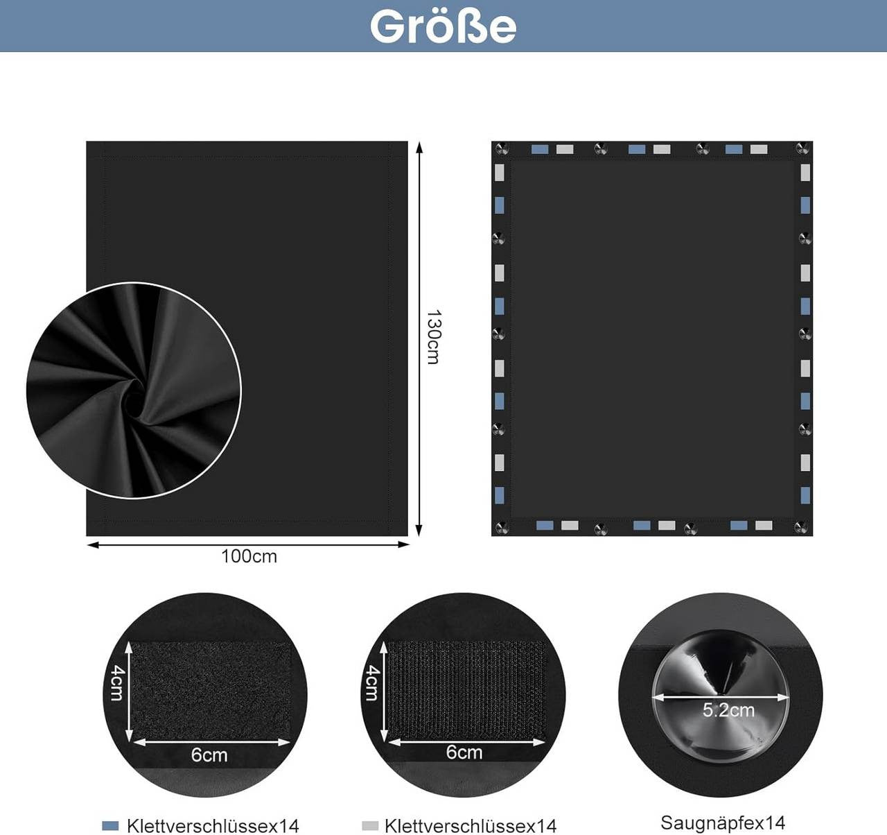 24goodz Blackout Roller Blind - No Drilling Required - Adjustable Size - 100% Polyester - For Any Smooth Glass Surface - Black 130 x 100 cm