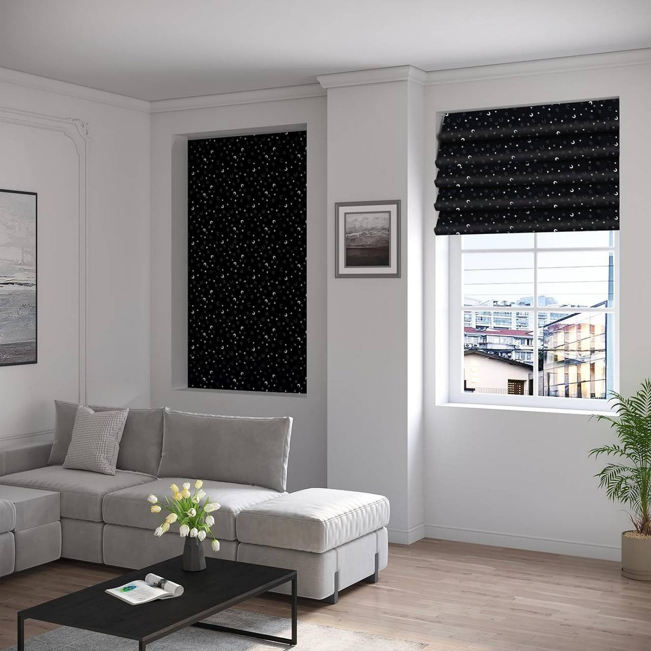 24goodz Blackout Roller Blind without Drilling - Easy Installation - 100% Polyester - For Any Room - Black with Pattern - 130 x 200 cm