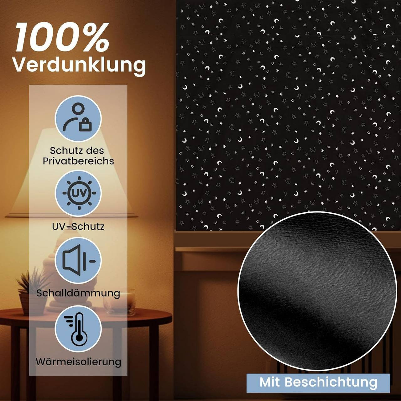 24goodz Blackout Roller Blind without Drilling - Easy Installation - 100% Polyester - For Any Room - Black with Pattern - 130 x 200 cm