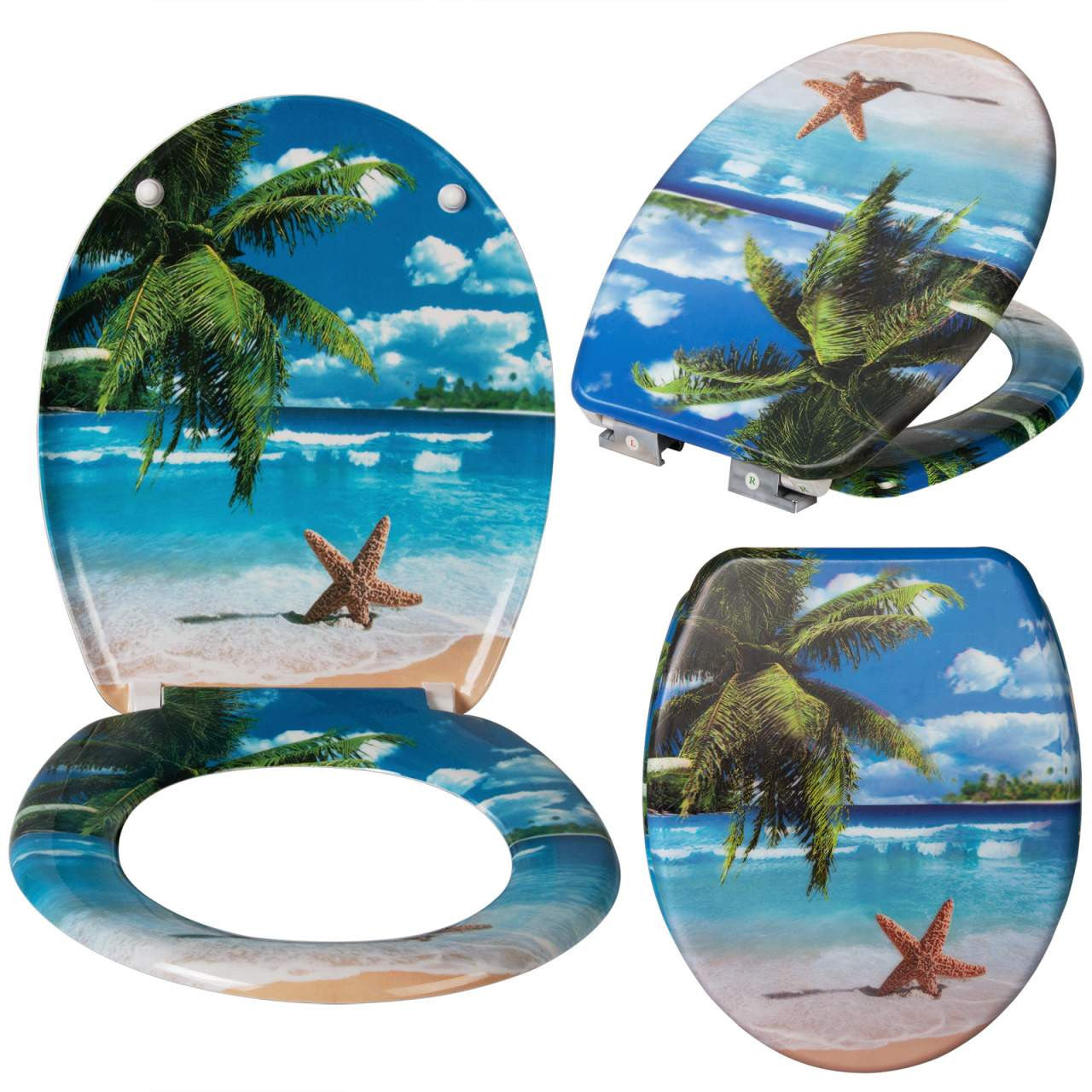 24goodz Duroplast Toilet Seat with Soft-Close Mechanism - Easy to Clean - Durable Material - Universal Fit - Sandy Beach with Starfish