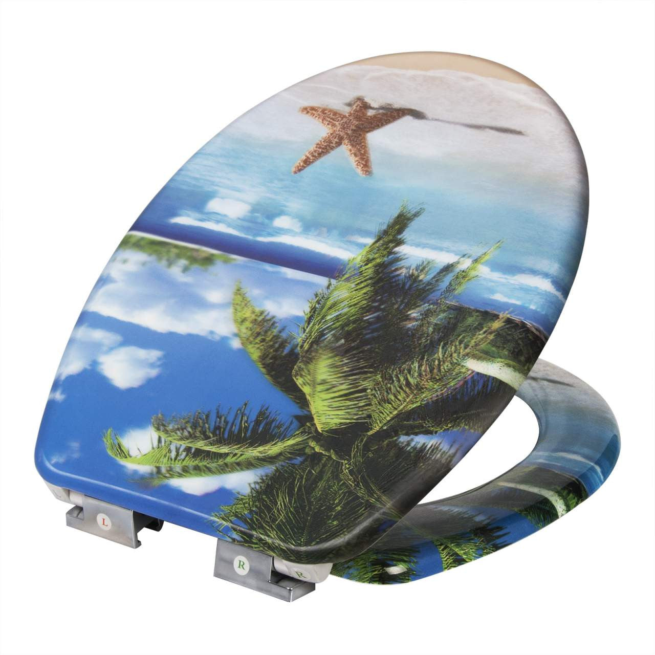 24goodz Duroplast Toilet Seat with Soft-Close Mechanism - Easy to Clean - Durable Material - Universal Fit - Sandy Beach with Starfish