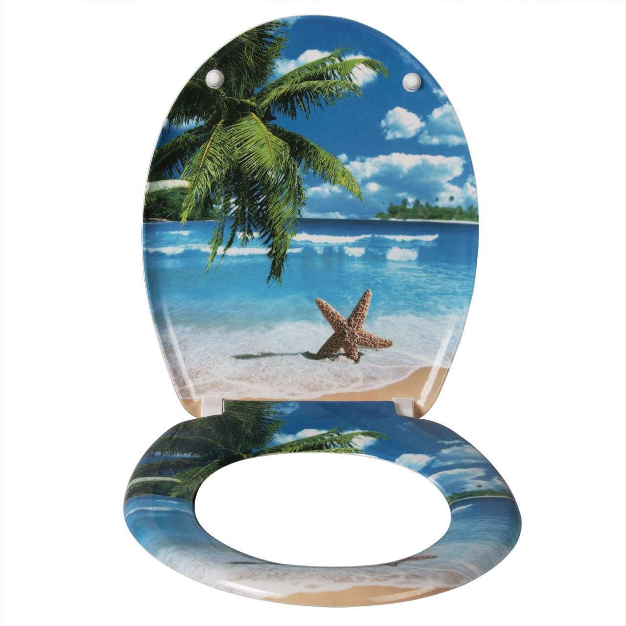 24goodz Duroplast Toilet Seat with Soft-Close Mechanism - Easy to Clean - Durable Material - Universal Fit - Sandy Beach with Starfish