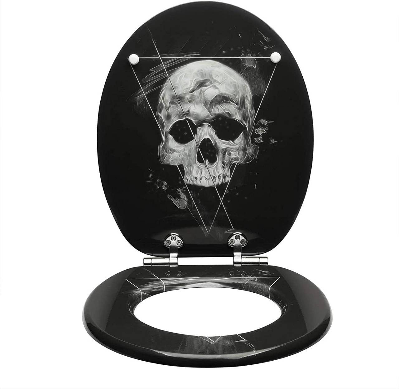 24goodz Toilet Seat with Soft-Close Mechanism - Antibacterial and Water-Resistant - MDF - Universal Fit - Black Skull Design
