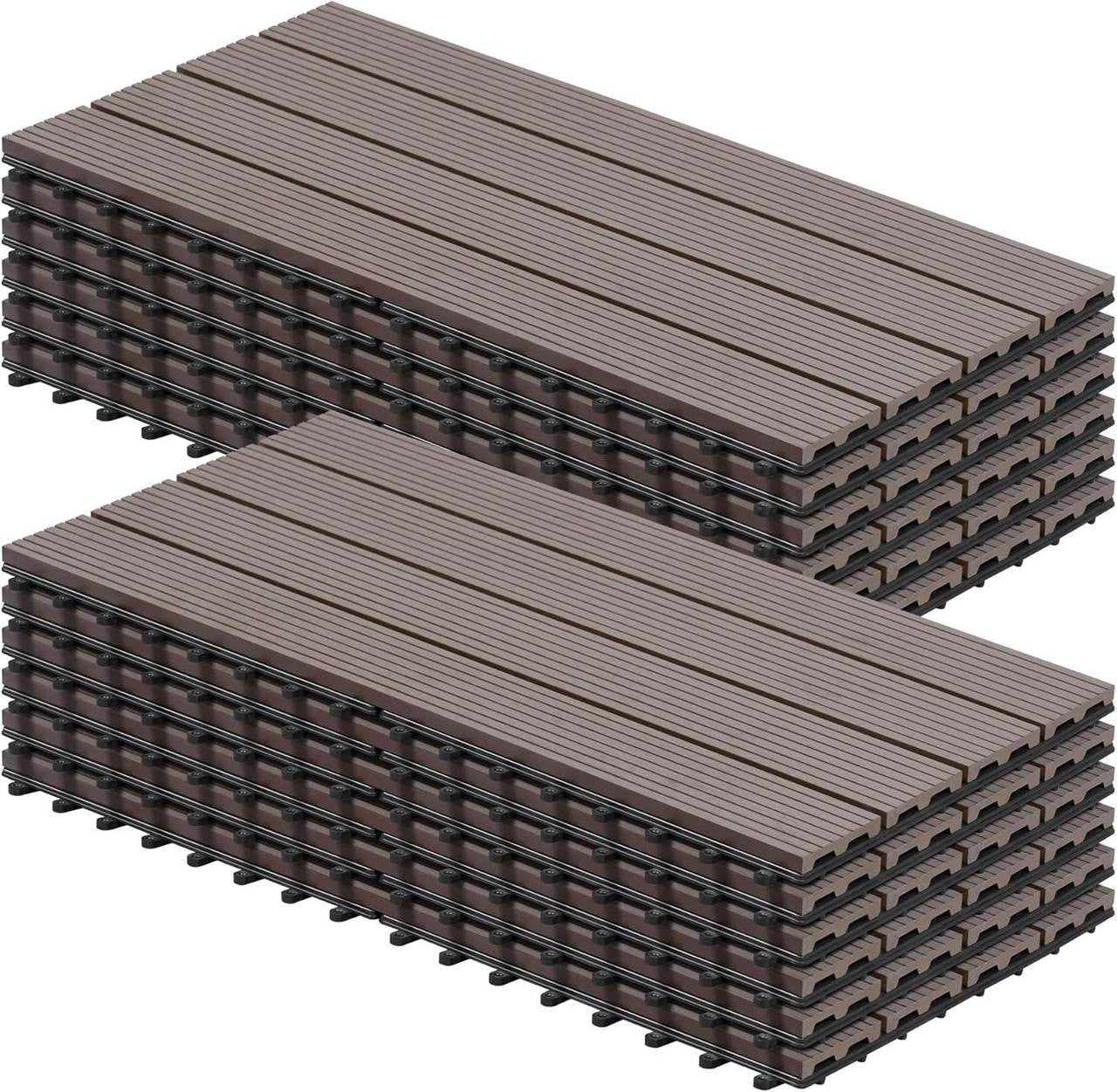 24goodz Set of 12 WPC Decking Tiles - Eco-friendly and Water Resistant - Wood Plastic Composite - For Outdoor Spaces - Brown