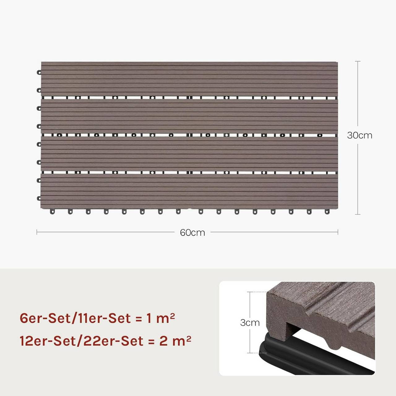24goodz Set of 12 WPC Decking Tiles - Eco-friendly and Water Resistant - Wood Plastic Composite - For Outdoor Spaces - Brown