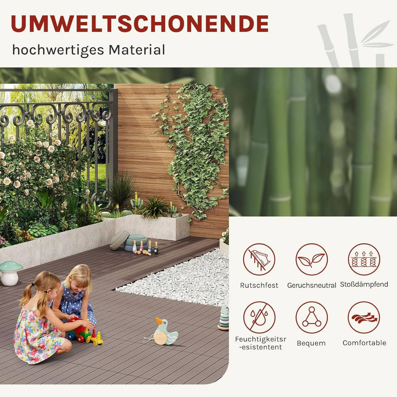 24goodz Set of 12 WPC Decking Tiles - Eco-friendly and Water Resistant - Wood Plastic Composite - For Outdoor Spaces - Brown