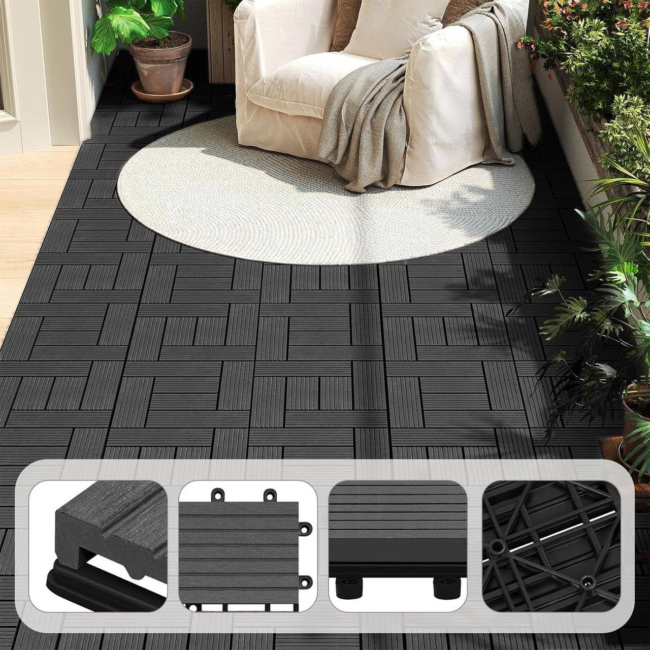 24goodz Set of 22 WPC Decking Tiles - Eco-Friendly Design - Water and UV Resistant - Wood Plastic Composite - Anthracite - 30 x 30 cm