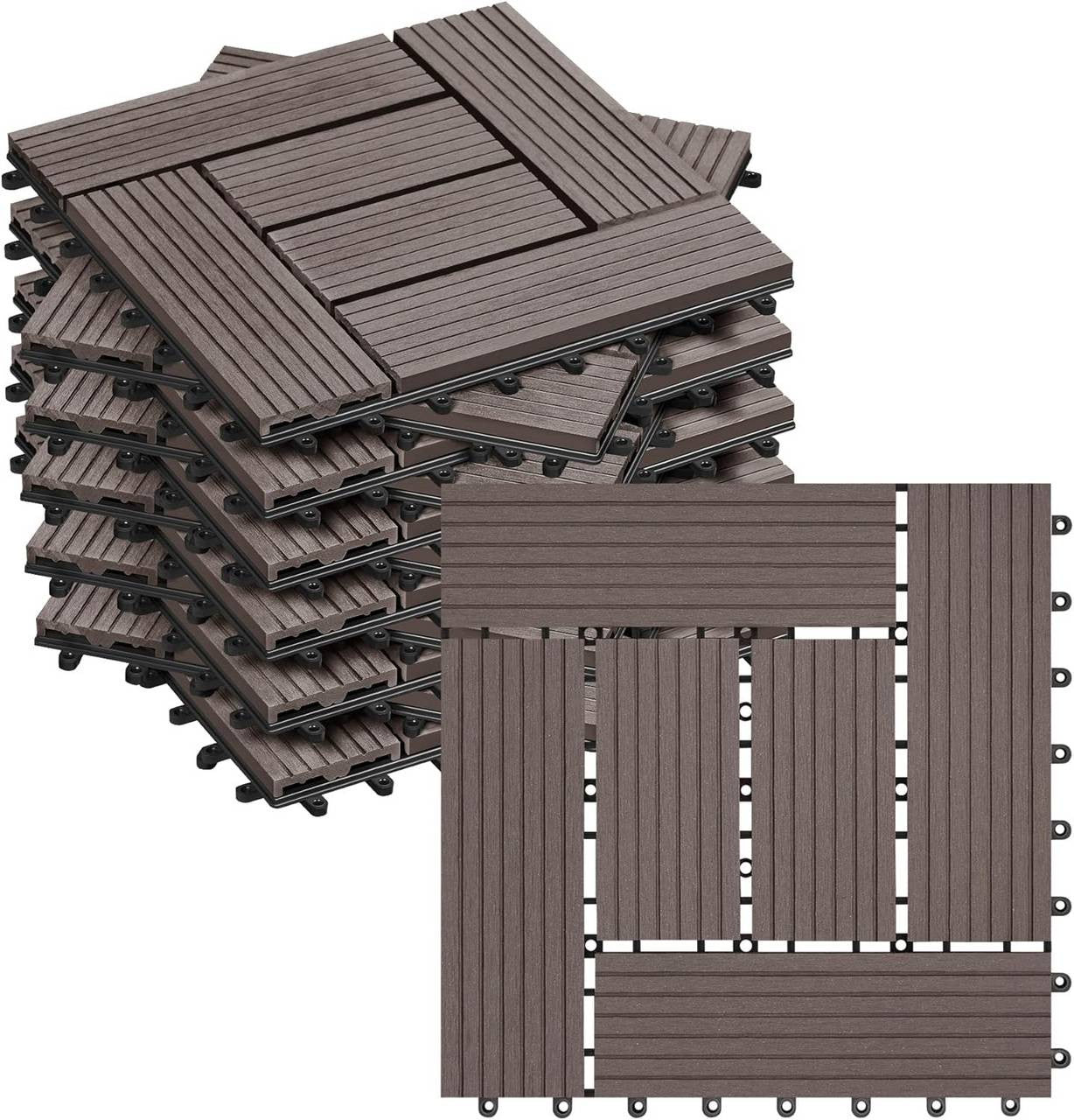 24goodz 11 Pcs WPC Decking Tiles - Eco-Friendly Material - Easy Installation - WPC - For Indoor and Outdoor Use - Coffee