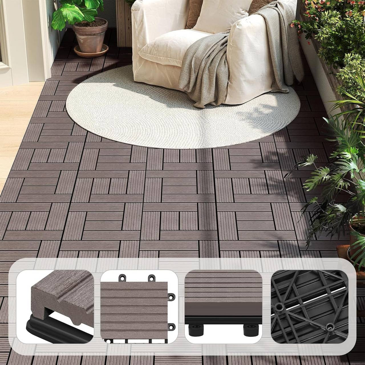 24goodz 11 Pcs WPC Decking Tiles - Eco-Friendly Material - Easy Installation - WPC - For Indoor and Outdoor Use - Coffee