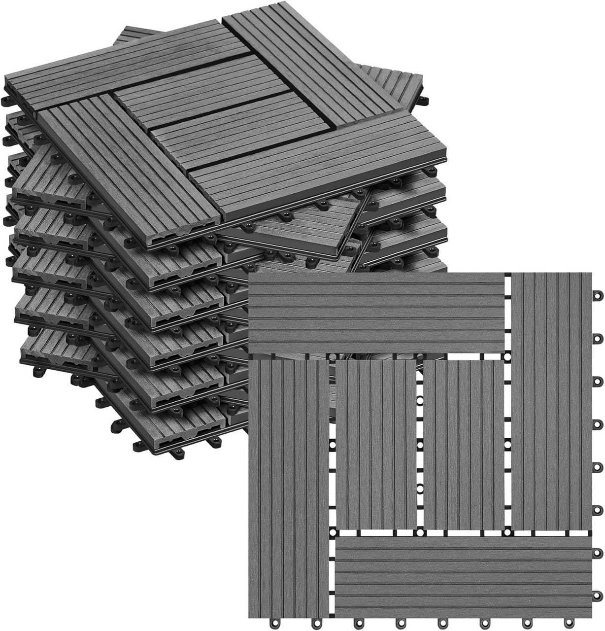 24goodz 11 Pcs WPC Decking Tiles - Eco-Friendly Material - Easy Installation - WPC - For Outdoor and Indoor Use - Light Grey - hgr