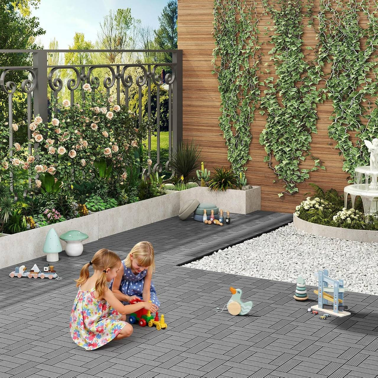 24goodz 11 Pcs WPC Decking Tiles - Eco-Friendly Material - Easy Installation - WPC - For Outdoor and Indoor Use - Light Grey - hgr