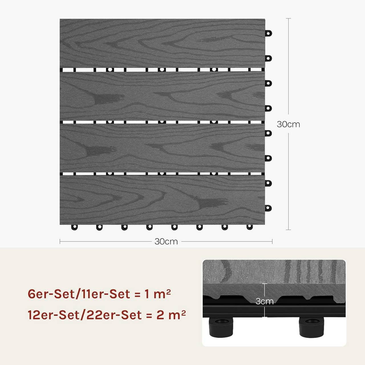 24goodz Decking Tiles - Quick and Easy Installation - Durable WPC Material - 30x30cm - Grey