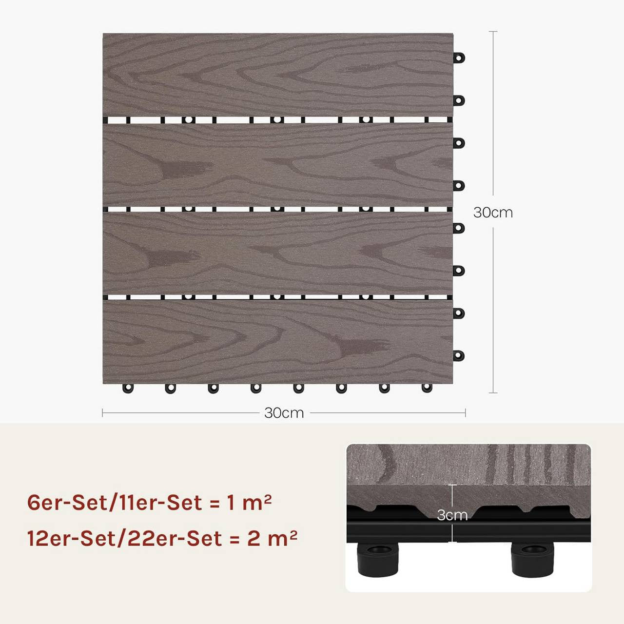 24goodz WPC Decking Tiles - Durable and Non-Fading - Easy to Install - WPC - For Outdoor and Indoor Use - Coffee - hco