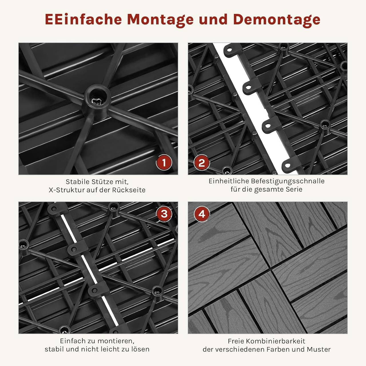 24goodz Decking Tiles - Quick and Easy Installation - Durable WPC Material - 30x30cm - Light Grey - hgr