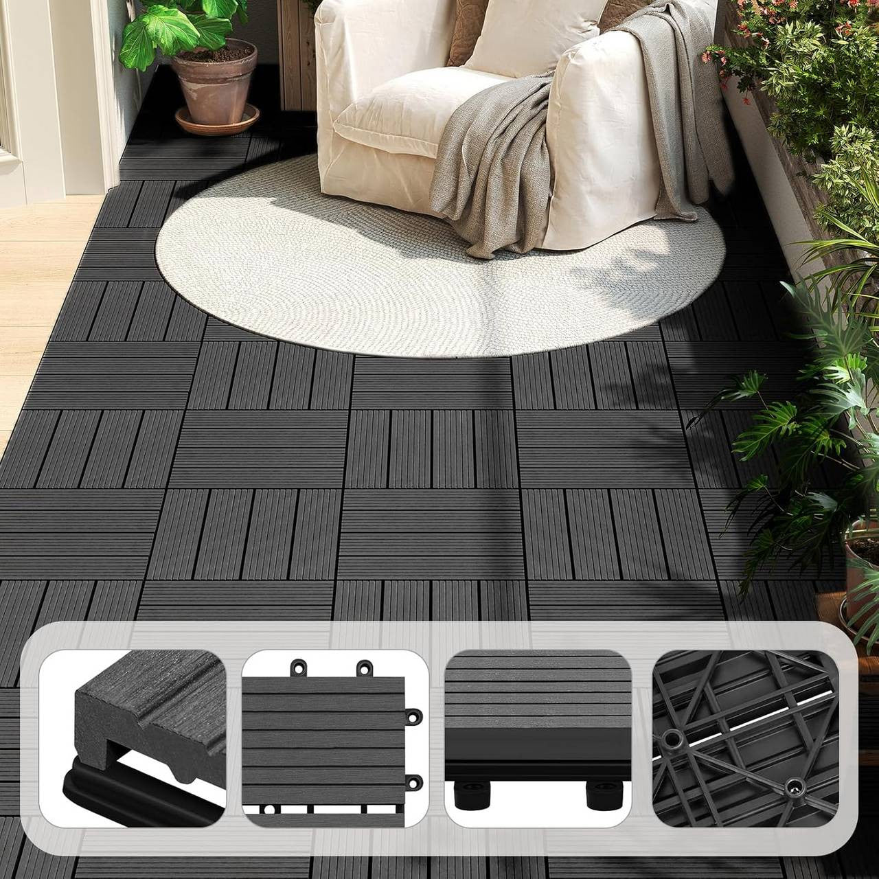 24goodz WPC Decking Tiles - Durable and Weather Resistant - WPC - For Outdoor and Indoor Use - Anthracite