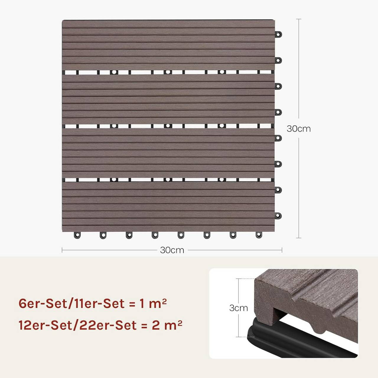 24goodz WPC Decking Tiles - Eco-Friendly Material - Easy Installation - WPC - For Outdoor and Indoor Use - Brown