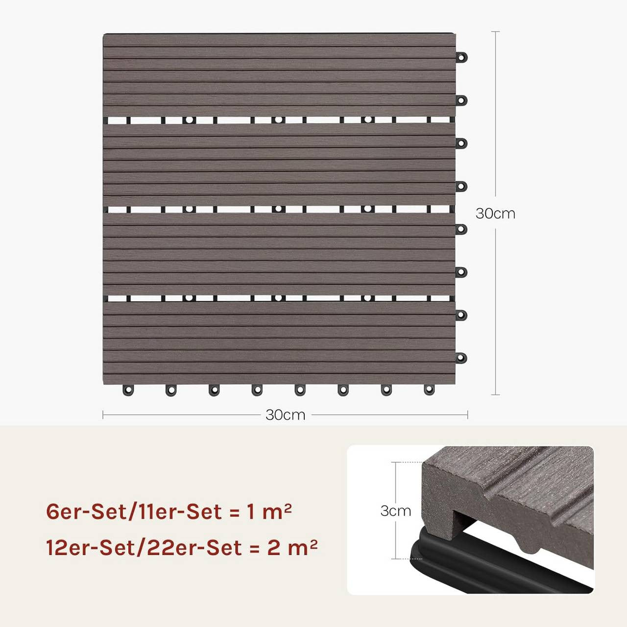 24goodz WPC Decking Tiles - Eco-Friendly Material - Easy Installation - WPC - For Outdoor and Indoor Use - Brown