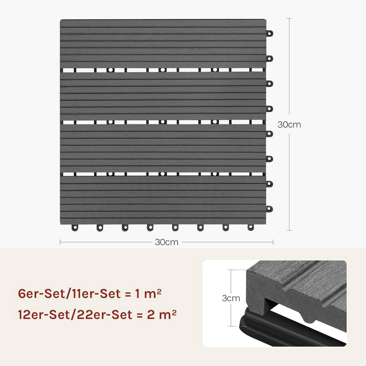 24goodz WPC Decking Tiles - Robust and Durable Material - Quick and Easy Installation - WPC - For Indoor and Outdoor Use - Grey