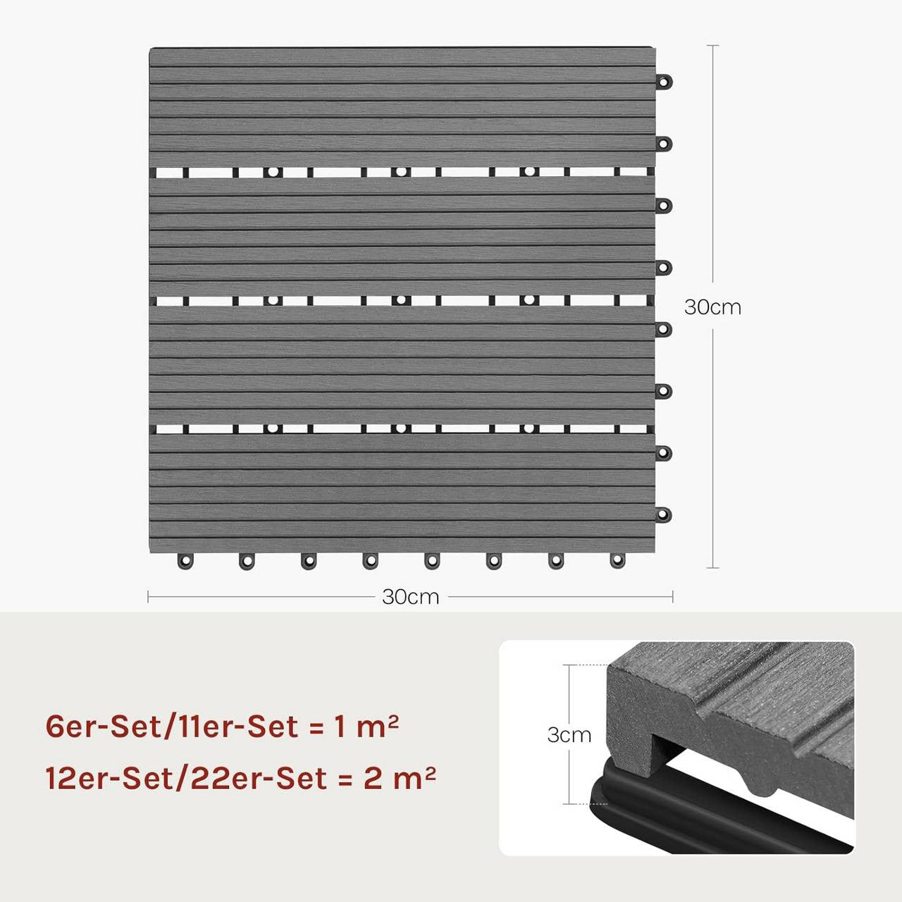24goodz WPC Decking Tiles - Eco-Friendly Material - Easy Installation - WPC - For Outdoor and Indoor Use - Light Grey - hgr