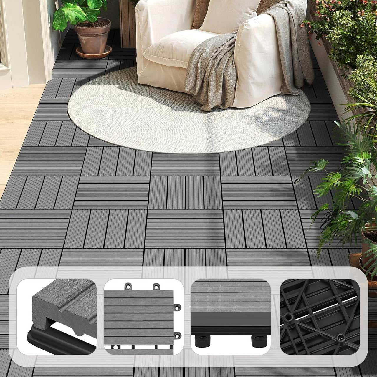 24goodz WPC Decking Tiles - Eco-Friendly Material - Easy Installation - WPC - For Outdoor and Indoor Use - Light Grey - hgr