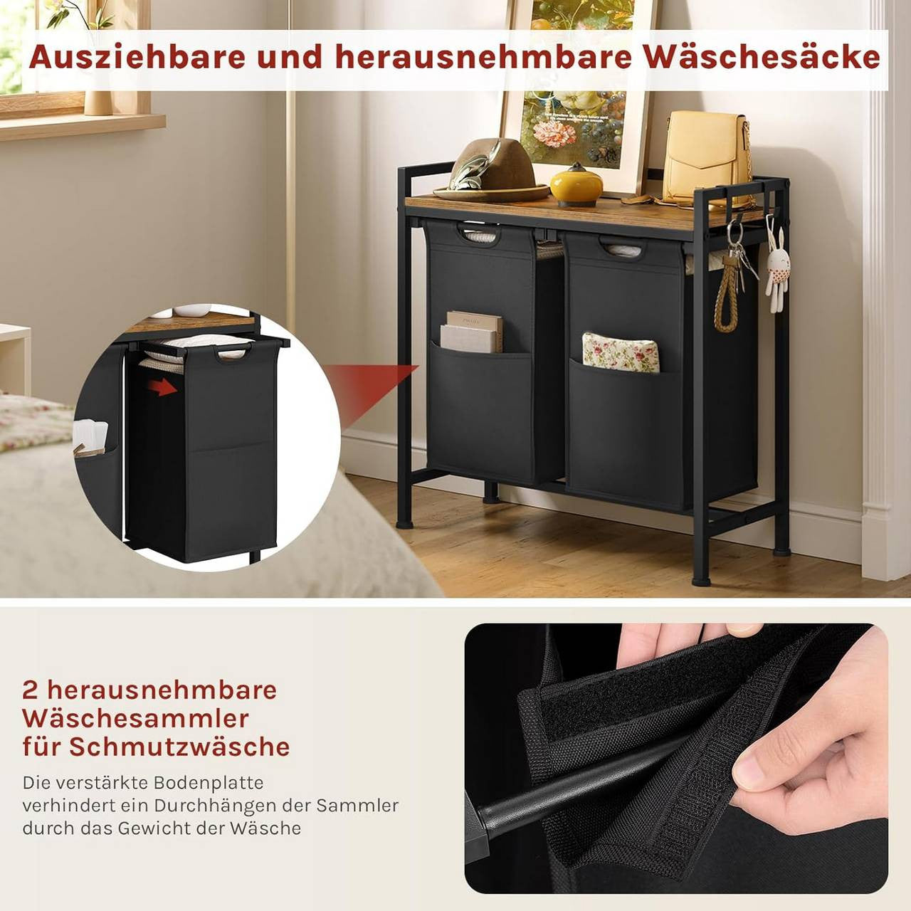 24goodz Laundry Basket with 2 Compartments - Versatile Storage Solution - Durable Oxford Fabric - For Home Use - Black + Rustic Brown
