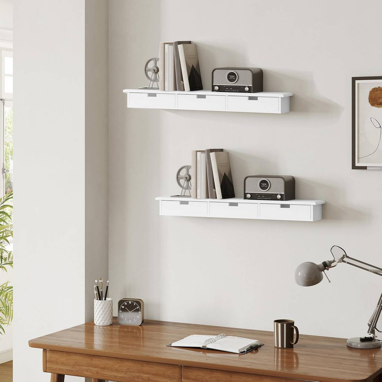 24goodz Floating Shelf with 3 Drawers - Stylish Storage Solution - MDF - For Home Decor - White
