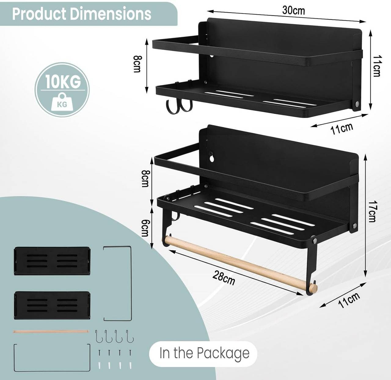 24goodz Wall Shelf Set of 2 - Versatile Storage Solution - High Quality & Durable - Metal and Wood - Black - 30 x 11 cm + 30 x 18 cm