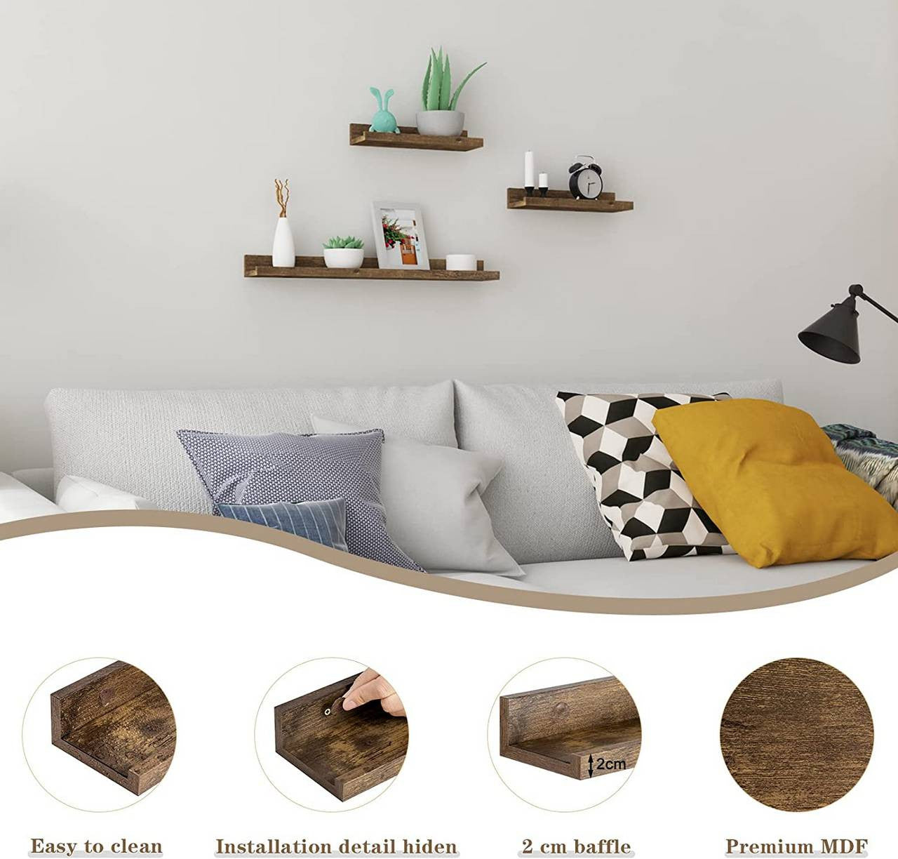 24goodz Floating Shelf Set of 3 - Stylish Storage Solution - MDF - For Home Decor Lovers - Rustic Brown - hov