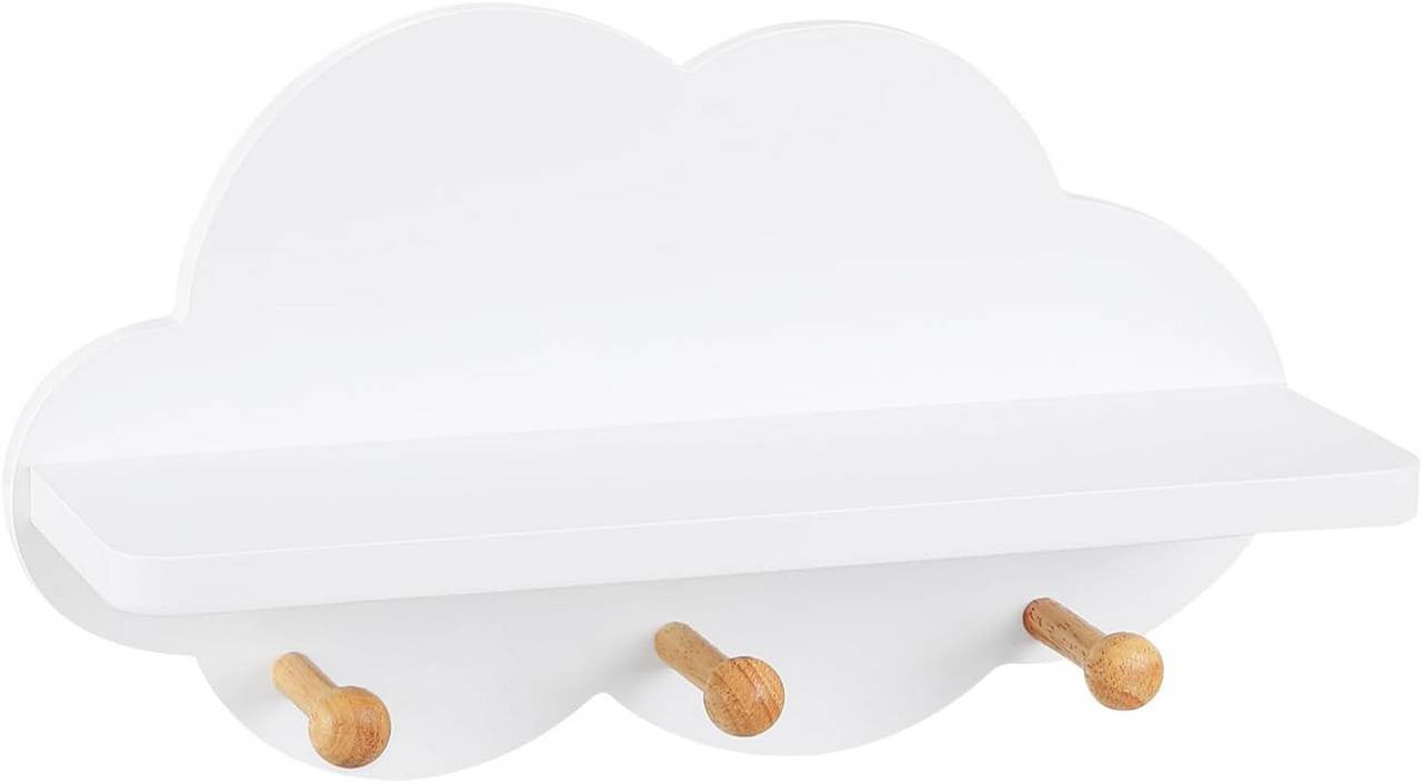 24goodz Cloud Shelf with Hooks - Fun Wall Storage - Safe and Durable - E1 MDF - For Kids - White