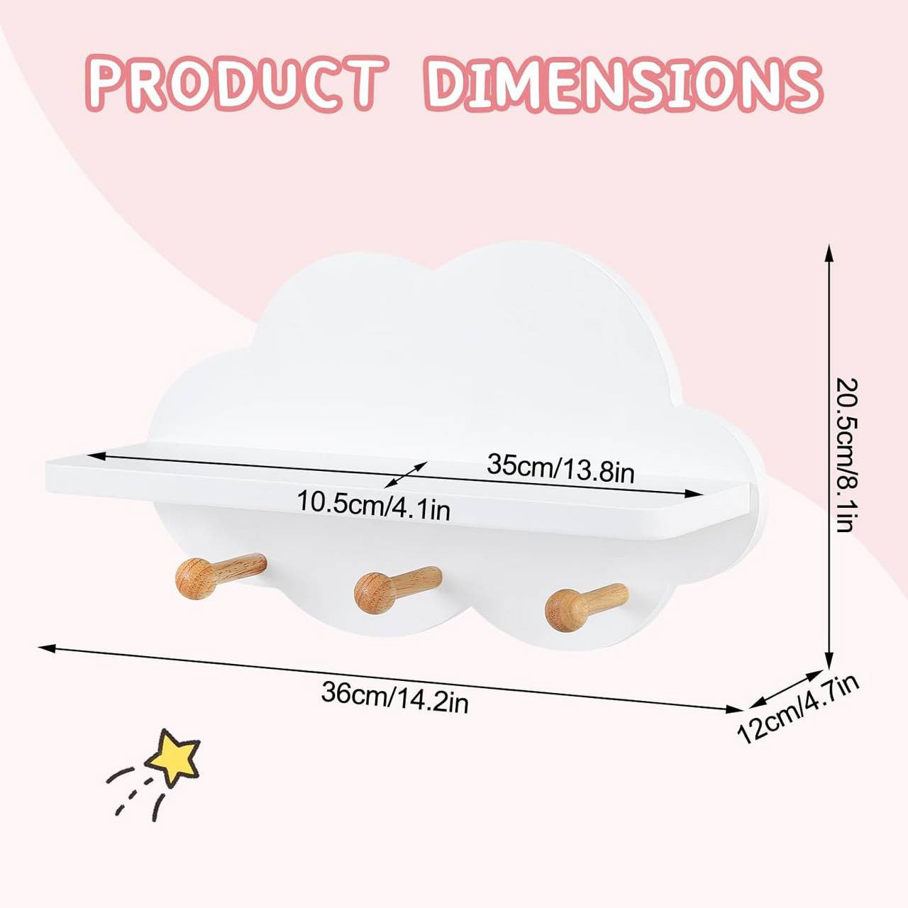 24goodz Cloud Shelf with Hooks - Fun Wall Storage - Safe and Durable - E1 MDF - For Kids - White