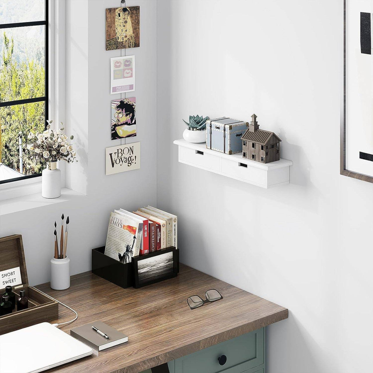 24goodz Wall Shelf with 2 Drawers - Stylish and Functional Storage - MDF - For Home Decor - White - 64 x 10 x 15 cm