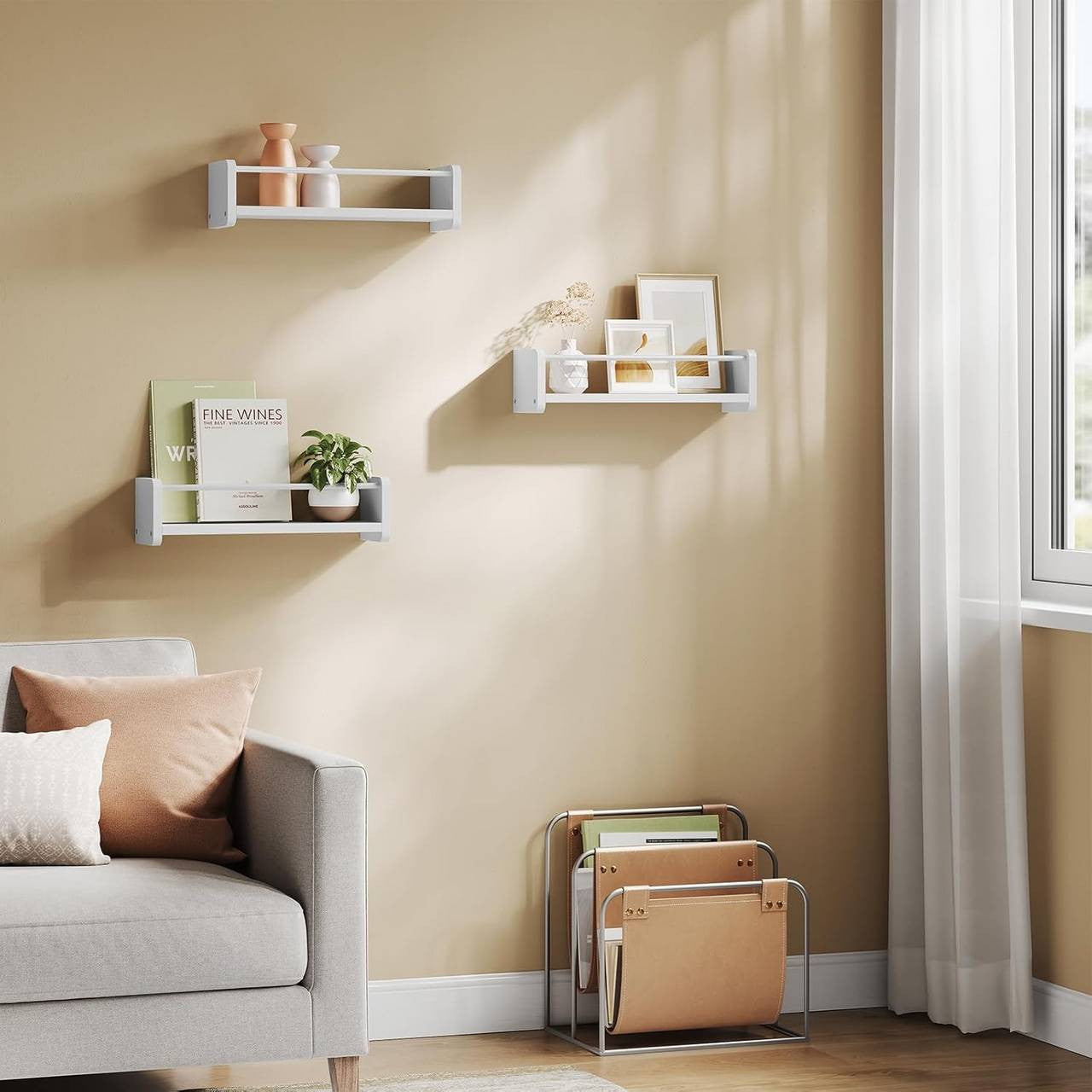 24goodz Set of 3 Wall Shelves - Sturdy and Safe Design - E1 Quality MDF and Metal - For Home Organization - White