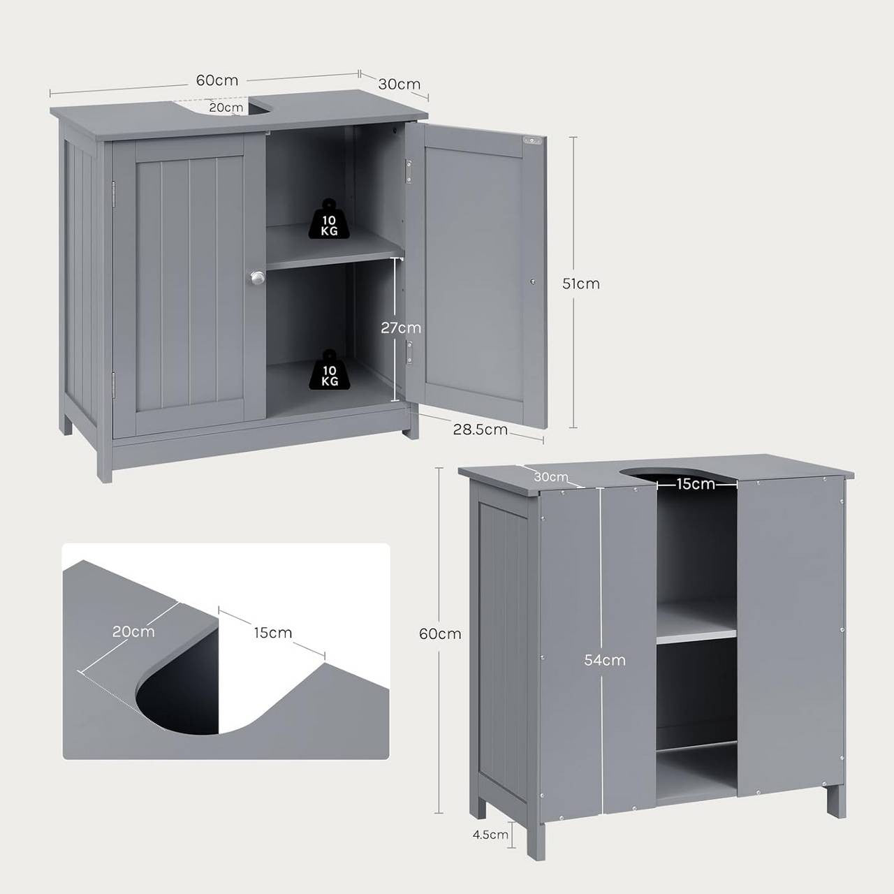 24goodz Under Sink Bathroom Cabinet - Spacious Storage - Durable MDF - For Bathroom Organization - Grey