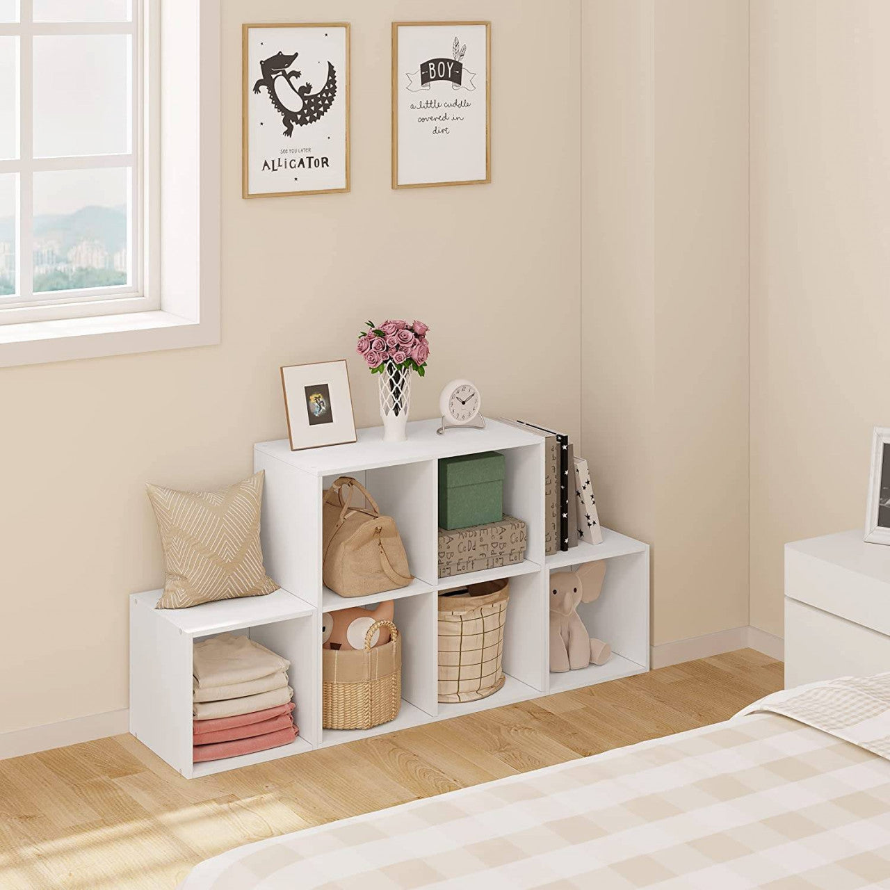 24goodz Stylish White Bookshelf - Flexible Storage Solution - E1 Standard Wood - For Home & Office - 90 x 90 x 30 cm - White - ws
