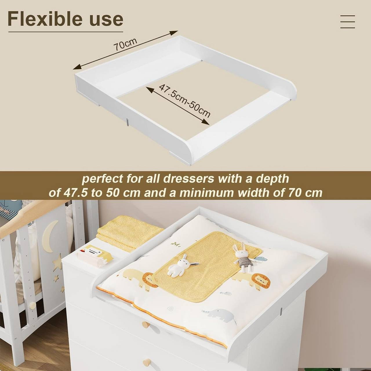 24goodz Changing Table Topper - Adjustable for Most Dressers - High-Quality MDF - For Parents - White