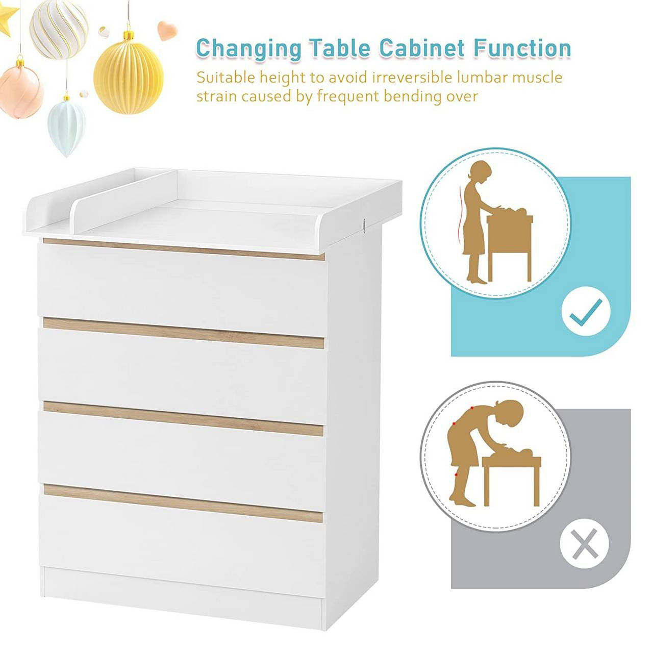 24goodz Changing Table with Removable Changing Top - Comfortable Height for Easy Access - MDF - For Parents - White - ws