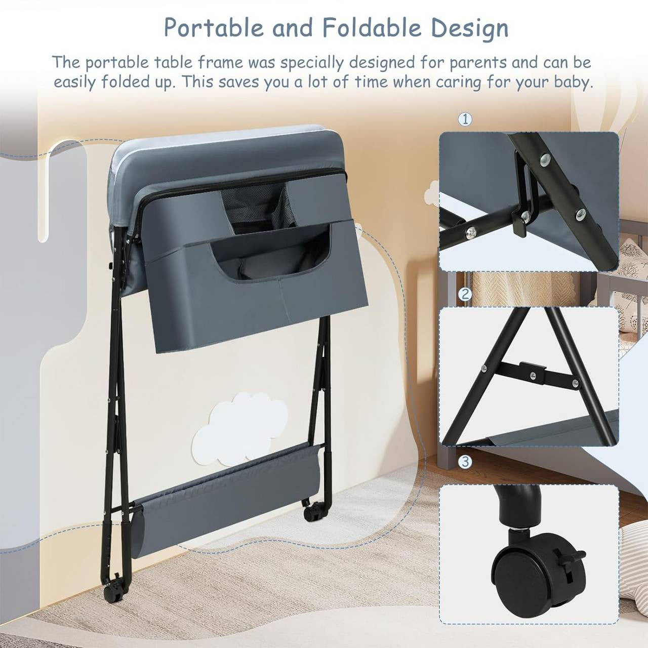 24goodz Folding Changing Table - Safe and Stable Design - Adjustable Height - Metal and Oxford Fabric - For New Parents - Grey