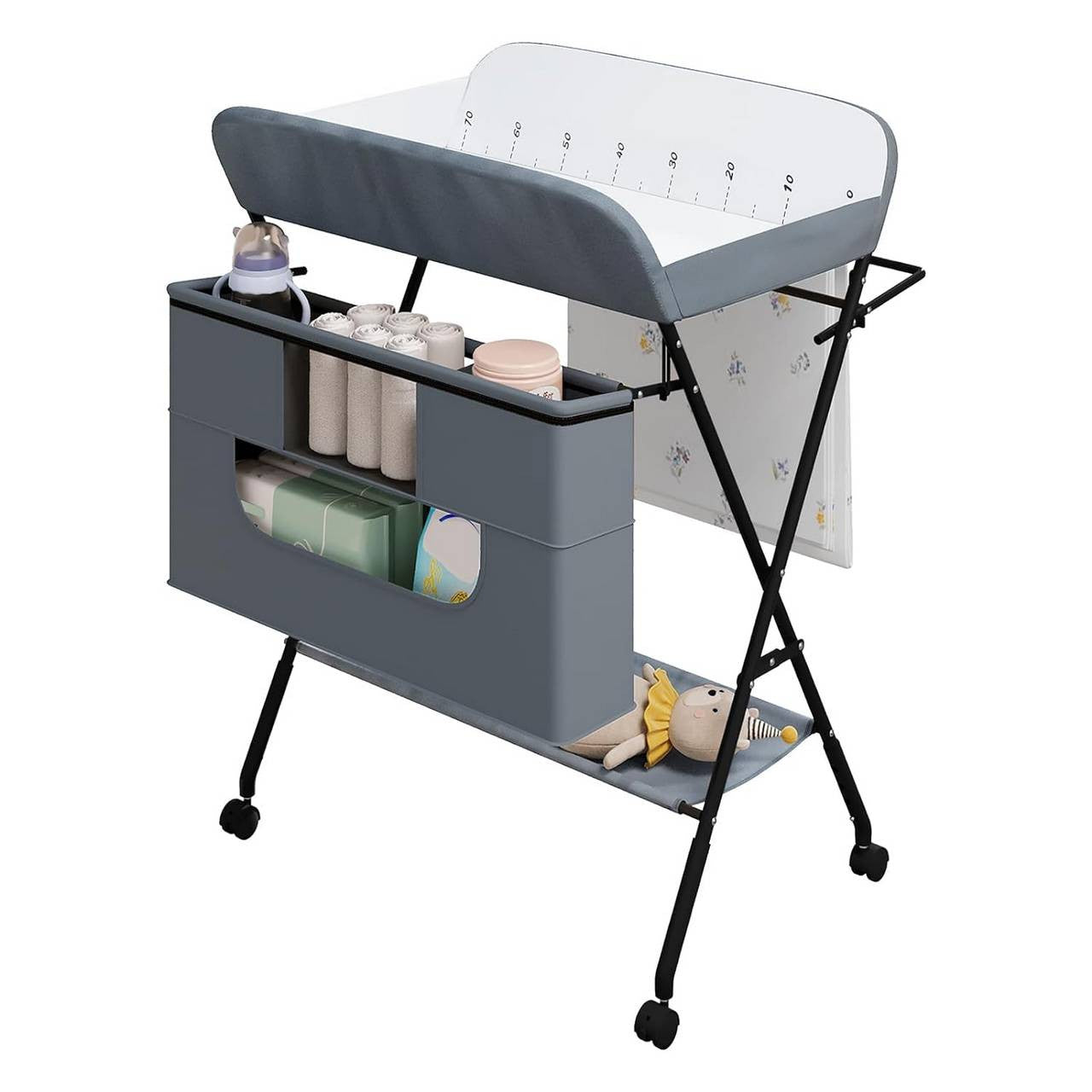 24goodz Folding Changing Table - Safe and Stable Design - Adjustable Height - Metal and Oxford Fabric - For New Parents - Grey