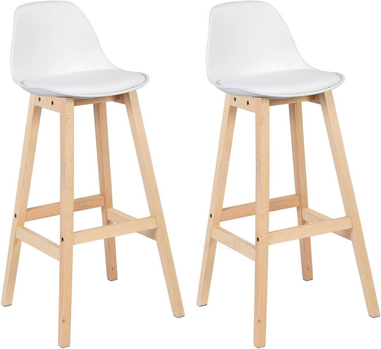 24goodz Stylish Bar Stool - Scandinavian Design - Ergonomic Comfort - Wood and Faux Leather - For Home and Cafés - Wood Colour + White - ws