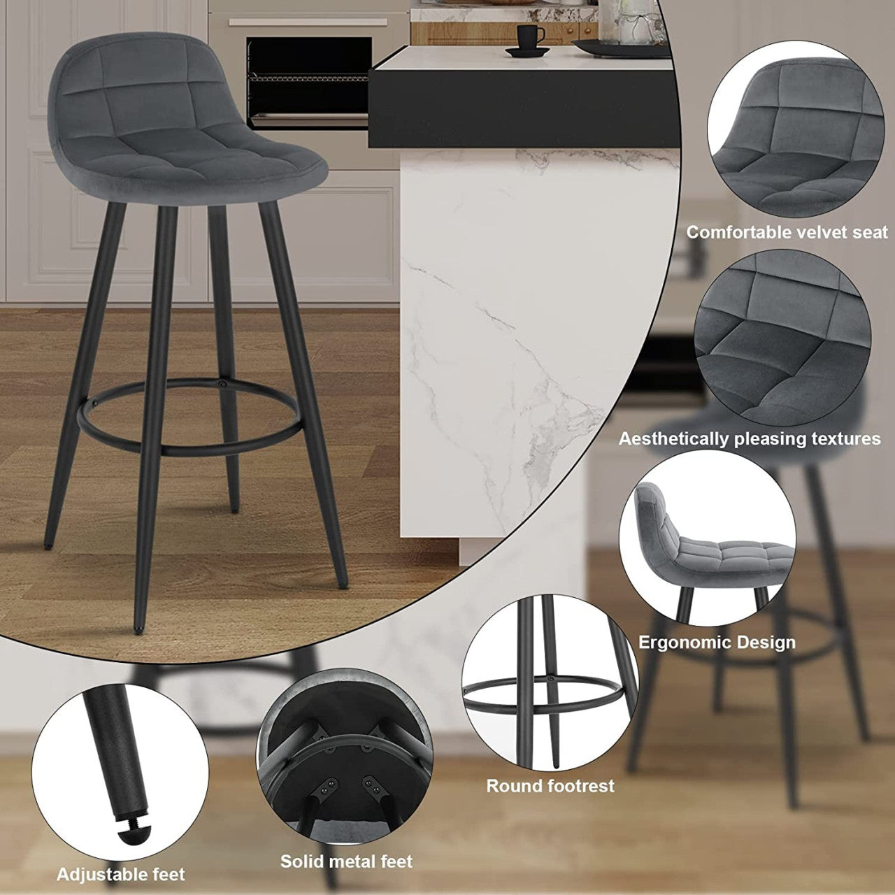 24goodz Velvet Bar Stool - Comfortable Seating - Sturdy Metal Frame - Velvet + Metal - Dark Grey - dgr