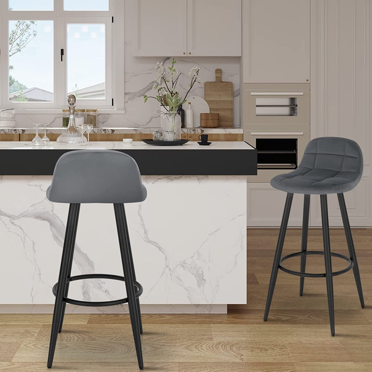 24goodz Velvet Bar Stool - Comfortable Seating - Sturdy Metal Frame - Velvet + Metal - Dark Grey - dgr