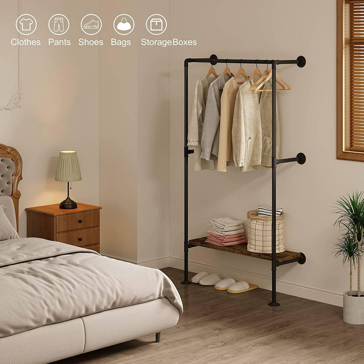 24goodz Industrial Style Clothes Rail - Space-Saving Design - Robust and Stable - MDF + Metal - Black + Vintage Wood Grain - 103x35x187 cm