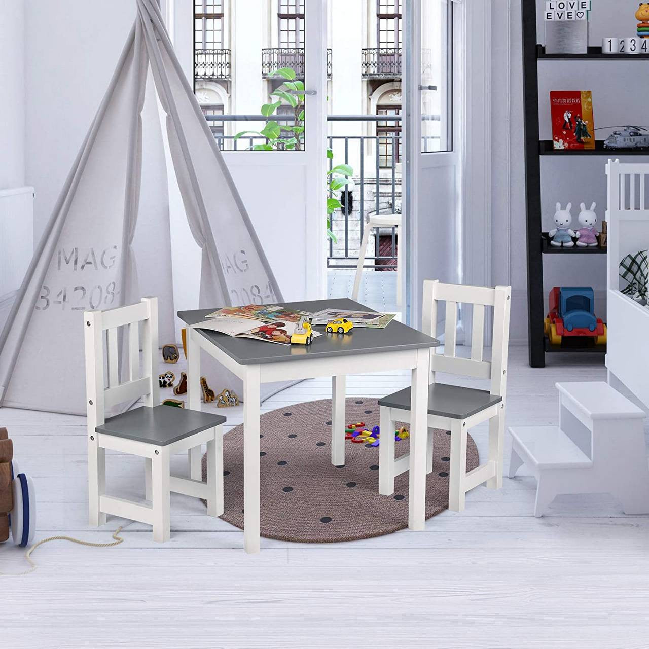 24goodz Kids Table and Chair Set - Spacious Design for 4 Children - High-Quality MDF - For Children from 2 Years - White/Grey