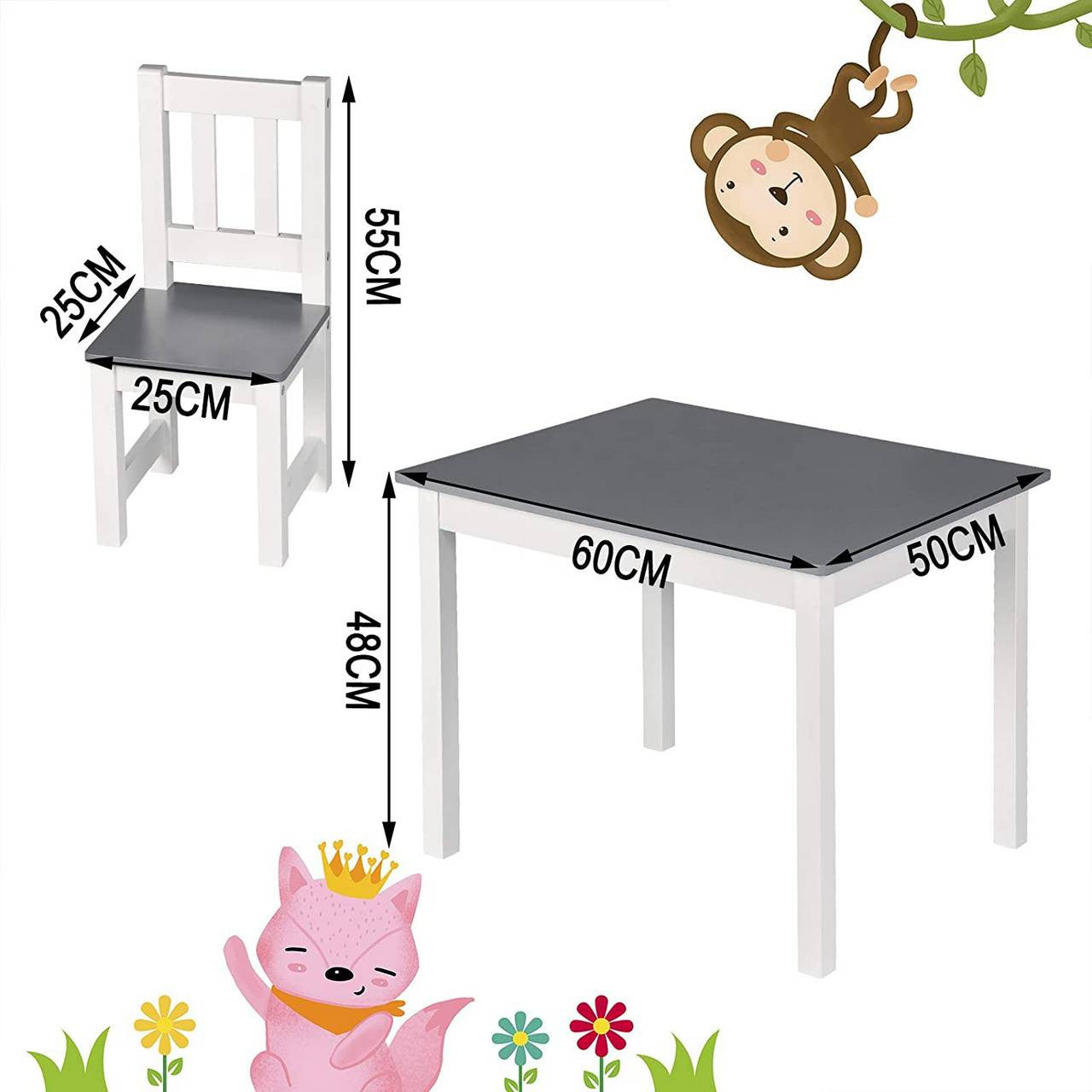 24goodz Kids Table and Chair Set - Spacious Design for 4 Children - High-Quality MDF - For Children from 2 Years - White/Grey
