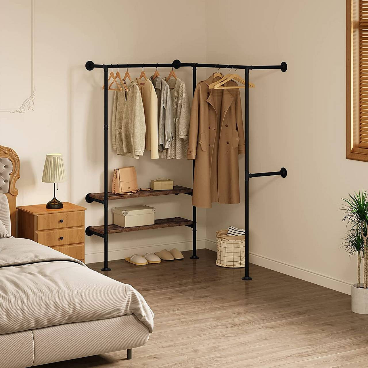 24goodz Corner Clothes Rack - Space-Saving Design - High-Quality Steel and MDF - For Home and Retail - Black + Vintage Wood Grain - shei