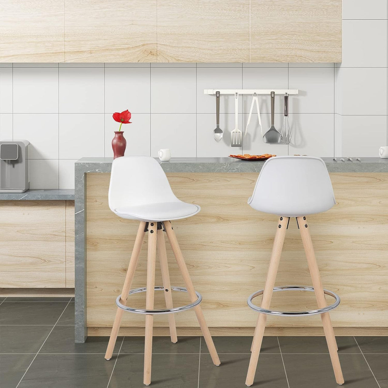 24goodz Bar Stool - Ergonomic Design - Durable and Stylish - Faux Leather and Solid Wood - White - ws
