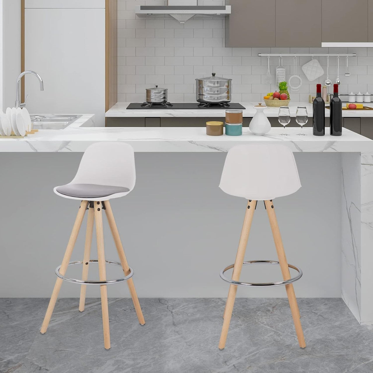 24goodz Bar Stool - Ergonomic Design - Durable and Stylish - Faux Leather and Solid Wood - Grey/White - grw