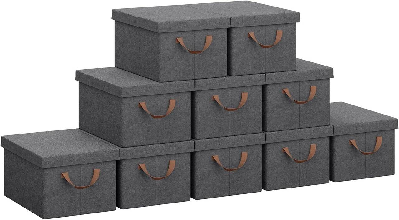 24goodz Set of 10 Storage Boxes with Lids - Space-Saving Design - Durable Polyester - For Organizing - Grey (38x27x20 cm)