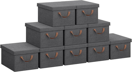 24goodz Set of 10 Storage Boxes with Lids - Space-Saving Design - Durable Polyester - For Organizing - Grey (38x27x20 cm)